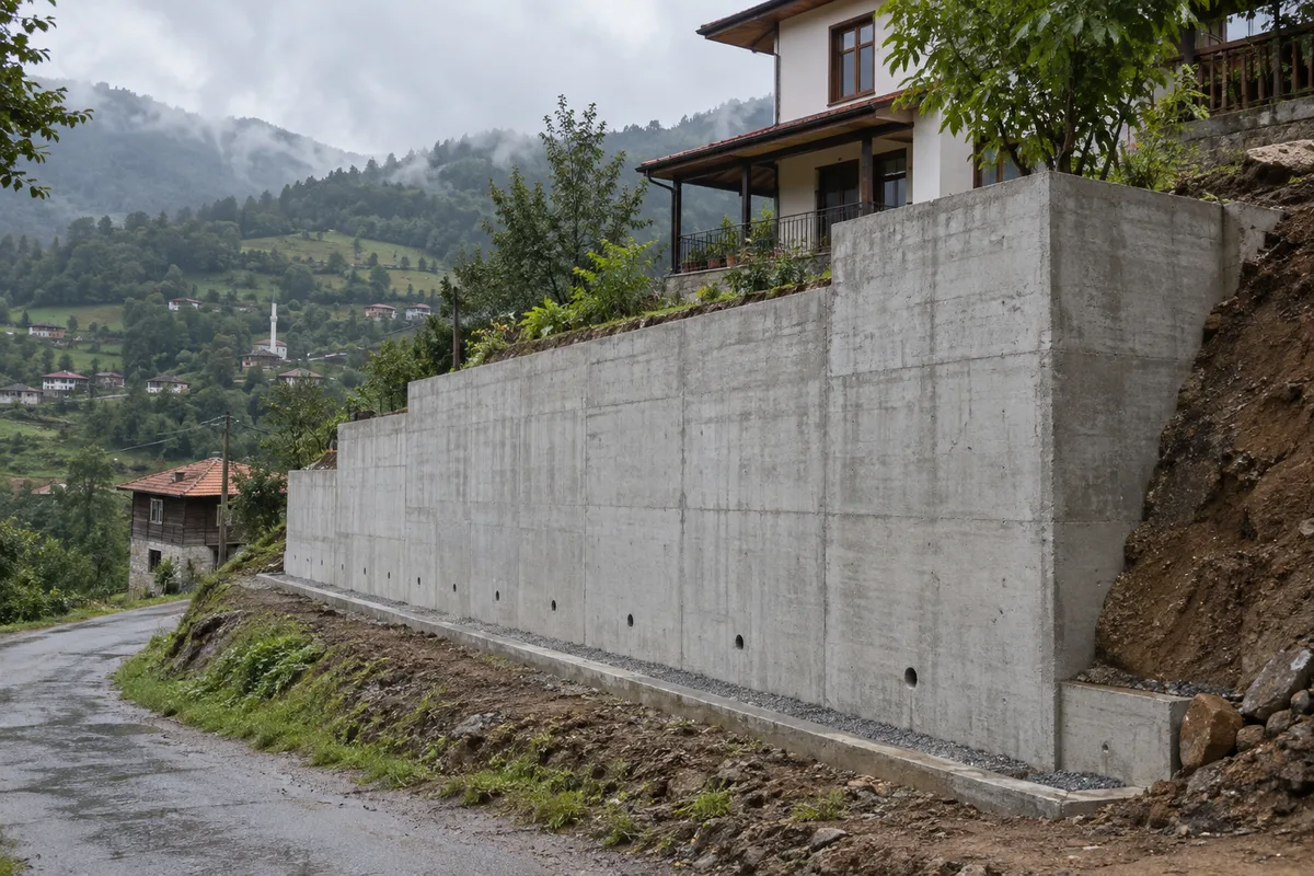 Trabzon köy arazisinde dökme beton istinat duvarı