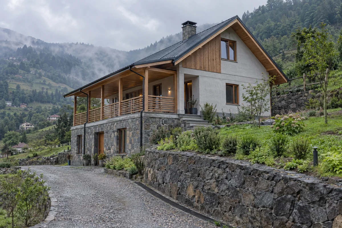 Trabzon’da eğimli arazide betonarme ve ahşap detaylı 1,5 katlı ev ile taş duvarlı peyzaj