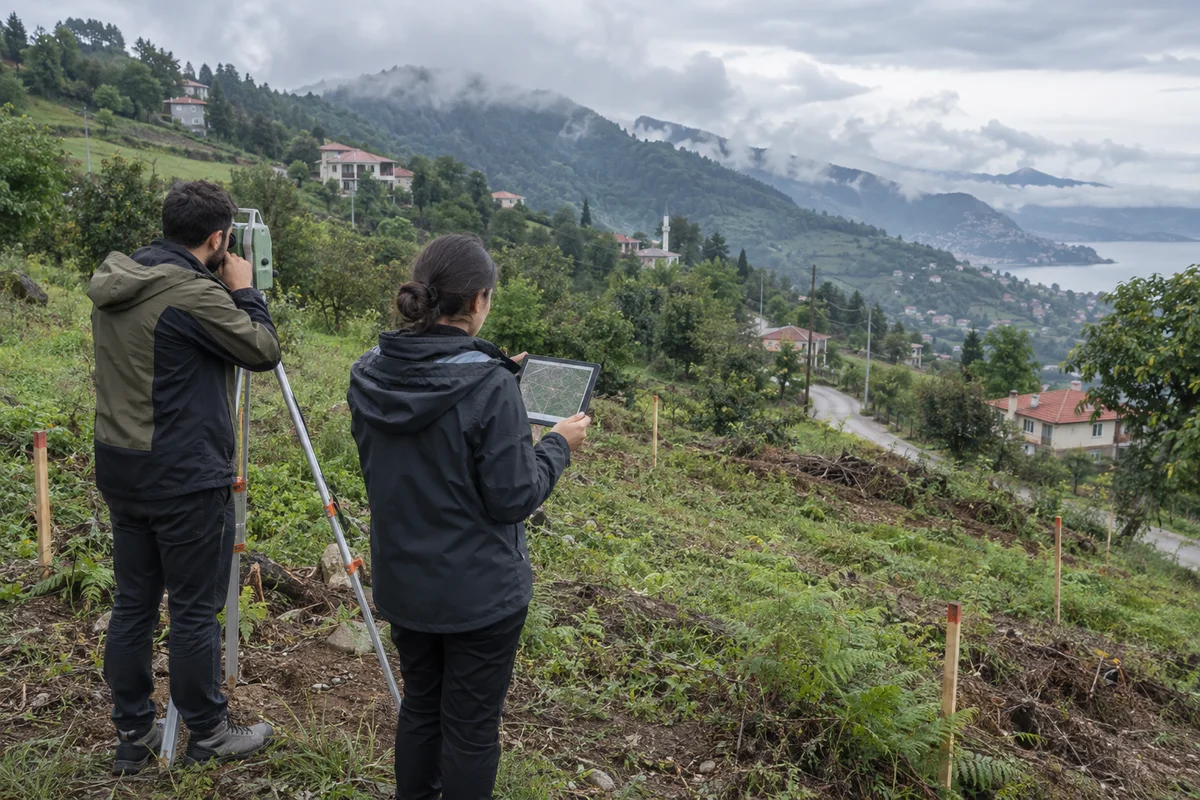 Trabzon’da eğimli bir konut arsasının yol, sınır ve kotlarını inceleyen harita ve mimarlık ekibi