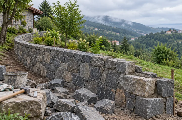 Trabzon’da eğimli bahçede yapımı süren doğal taş duvar