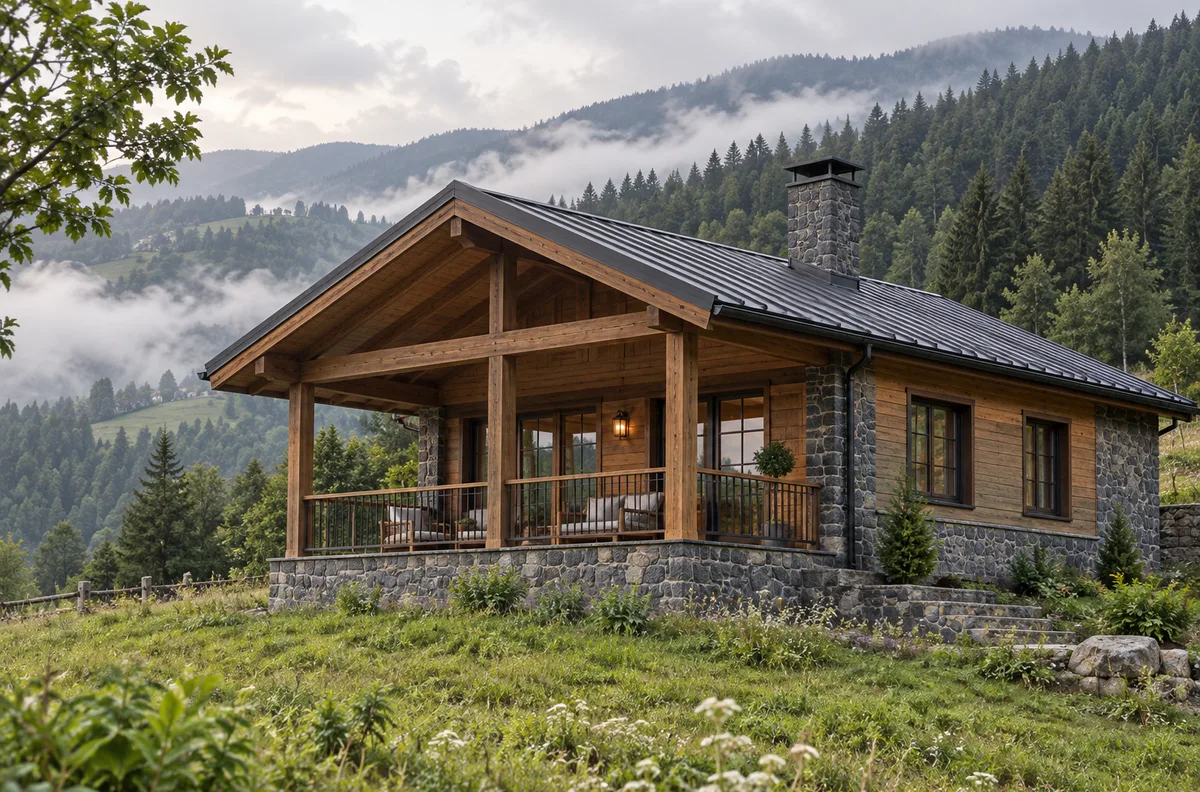 Trabzon yaylasında taş temelli ahşap bungalov ev