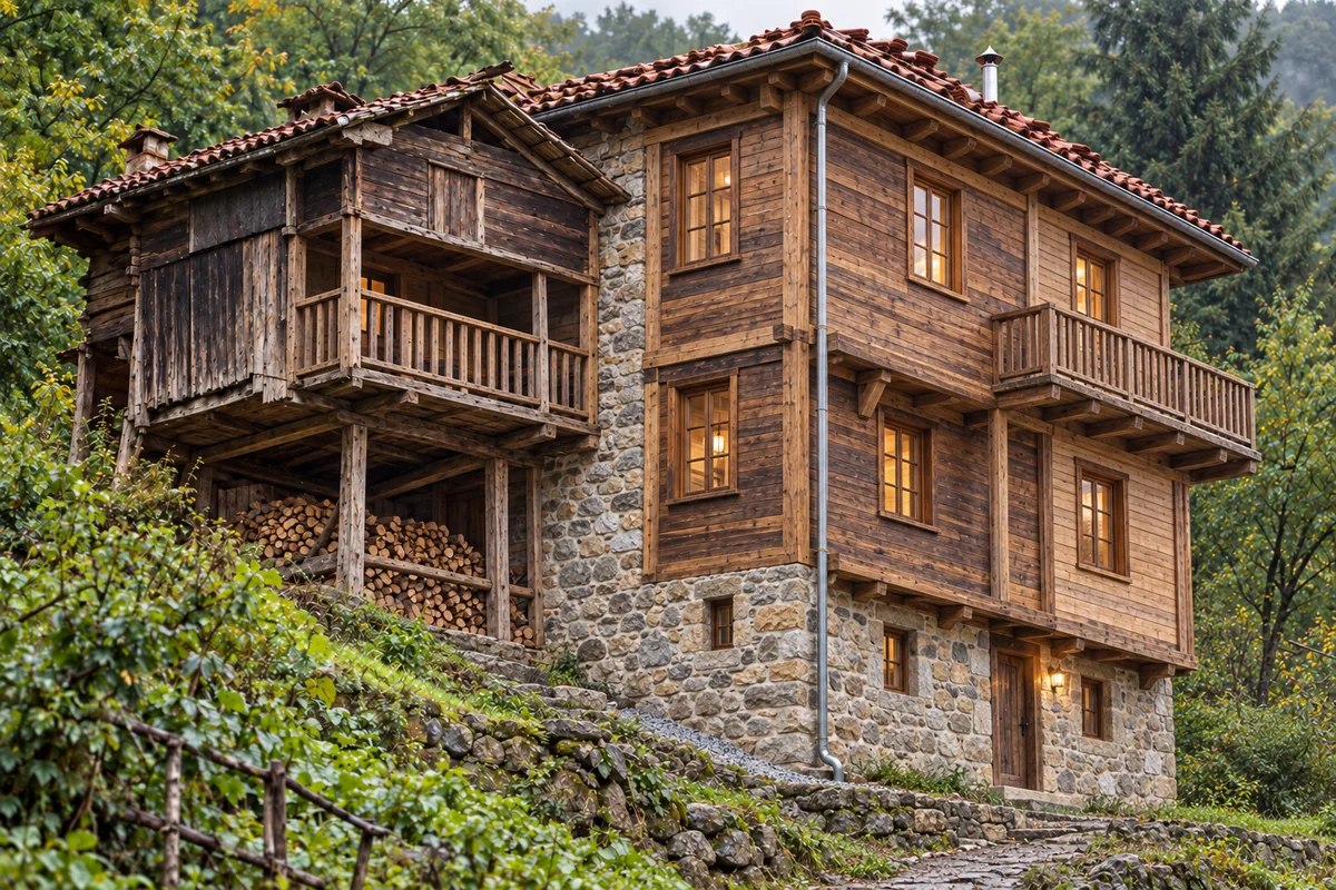 Maçka eski köy evinin ahşap cephe, taş kaide, çatı ve yağmur suyu işleri tamamlanmış temsili restorasyon görünümü